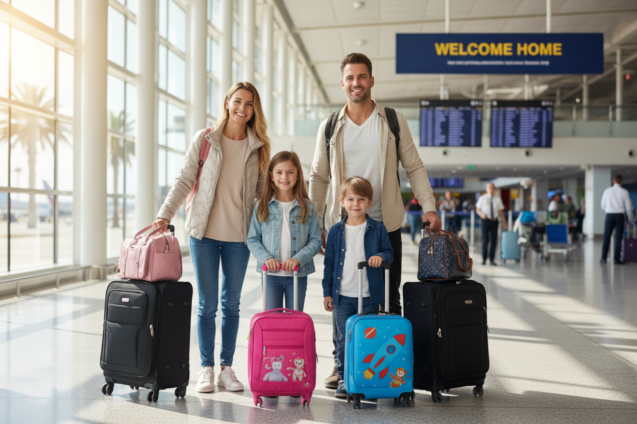 一家人拿着行李箱的场景