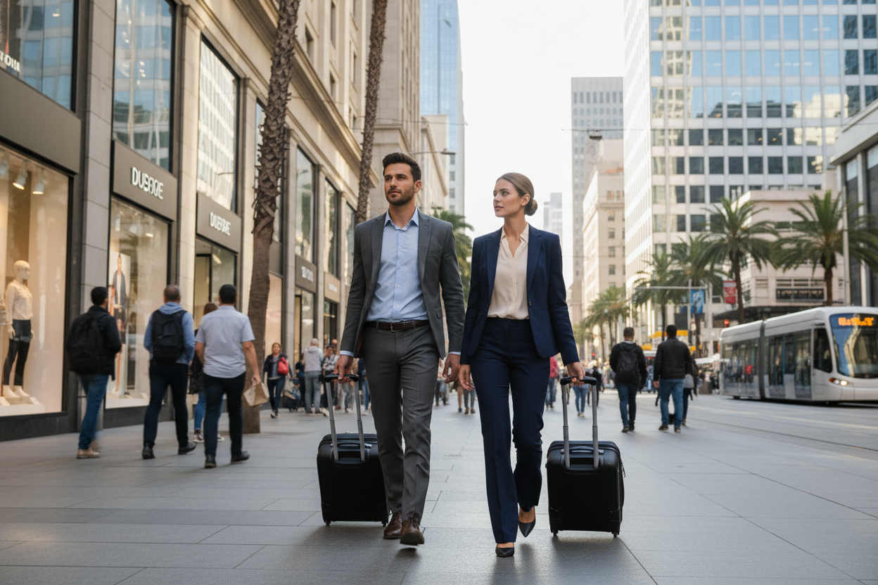 两个年轻人男士和女士，都是白领，拉着行李箱走在商业街上