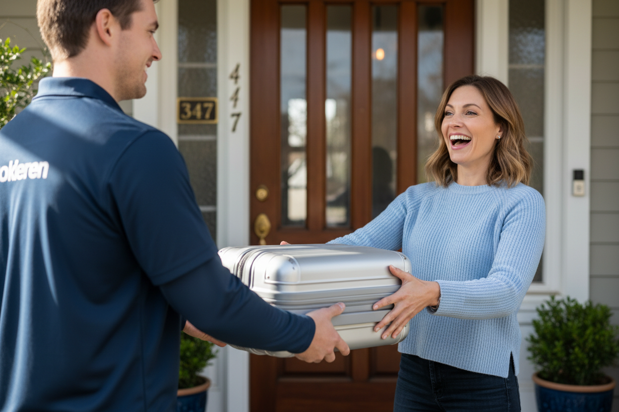快递员将行李箱送给用户手里，用户表现出很开心的样子